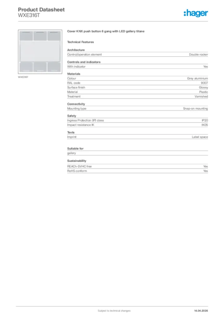 Image Hager Product data sheet WXE316T  | Hager Africa