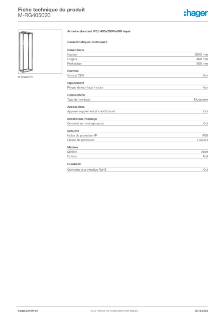 Image Hager Fiche technique du produit M-RG405020 | Hager Suisse