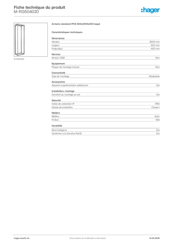 Image Hager Fiche technique du produit M-RG504020 | Hager Suisse