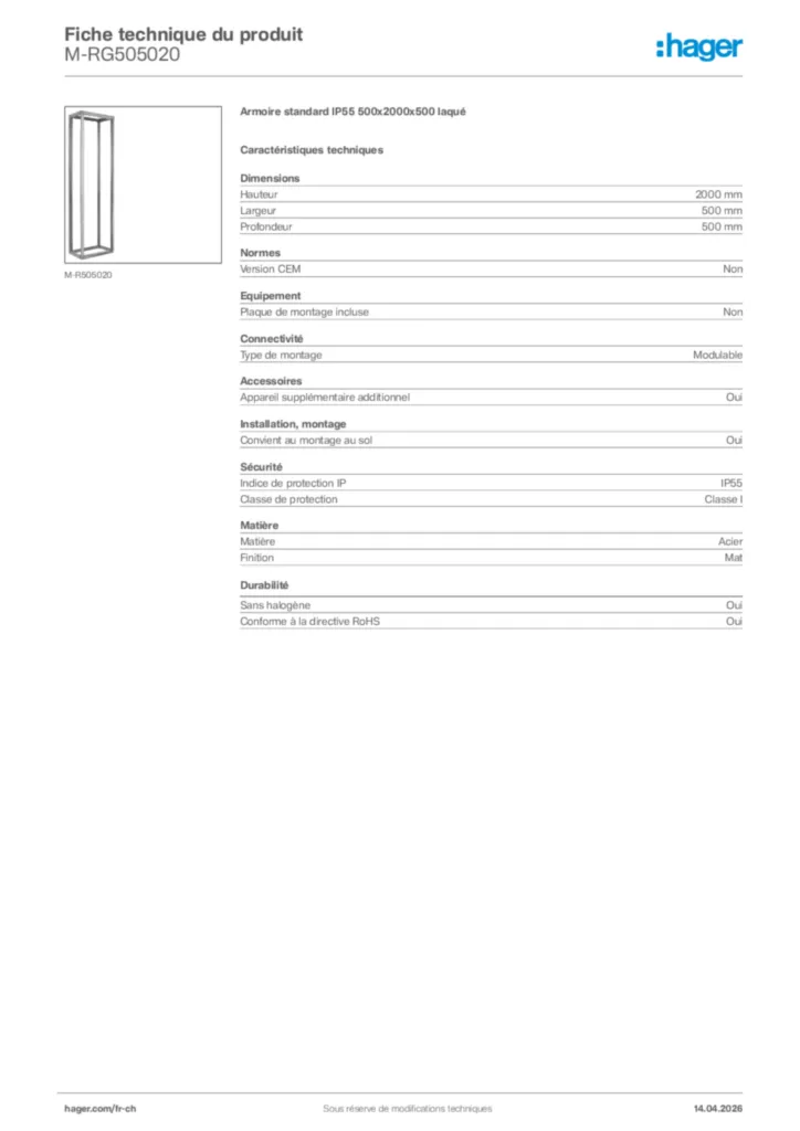 Image Hager Fiche technique du produit M-RG505020 | Hager Suisse