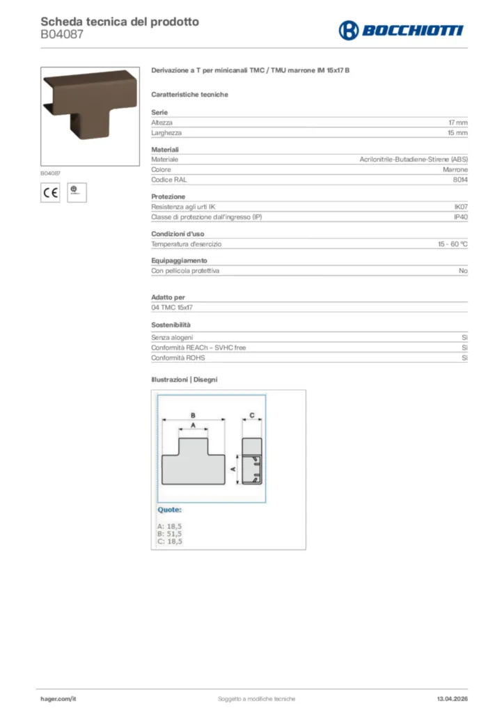 Immagine Bocchiotti Scheda tecnica del prodotto B04087 | Hager Italia