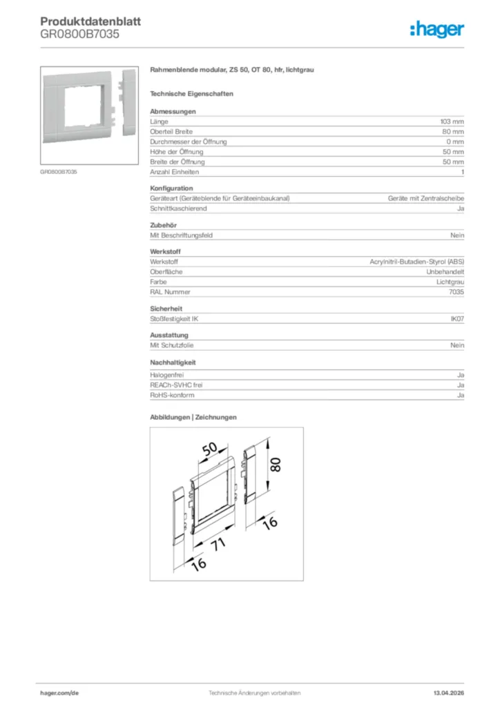Bild Hager Produktdatenblatt GR0800B7035 | Hager Deutschland