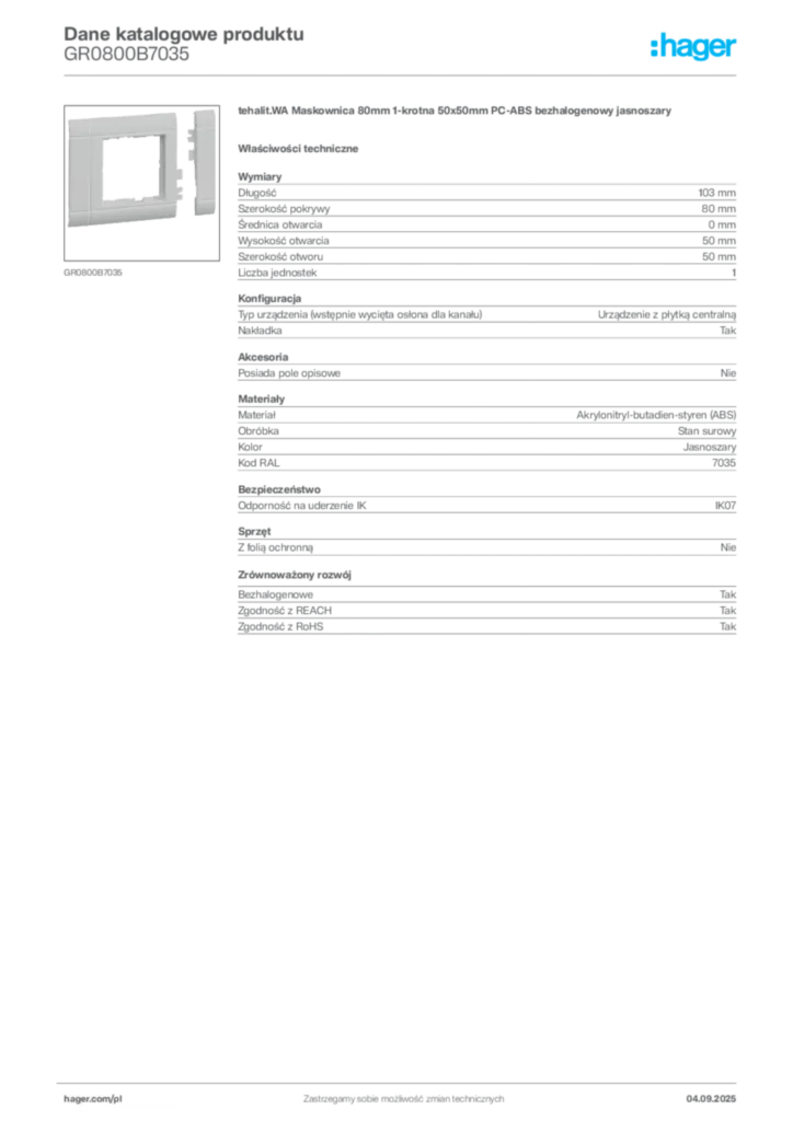 Zdjęcie Hager Dane katalogowe produktu GR0800B7035 | Hager Polska