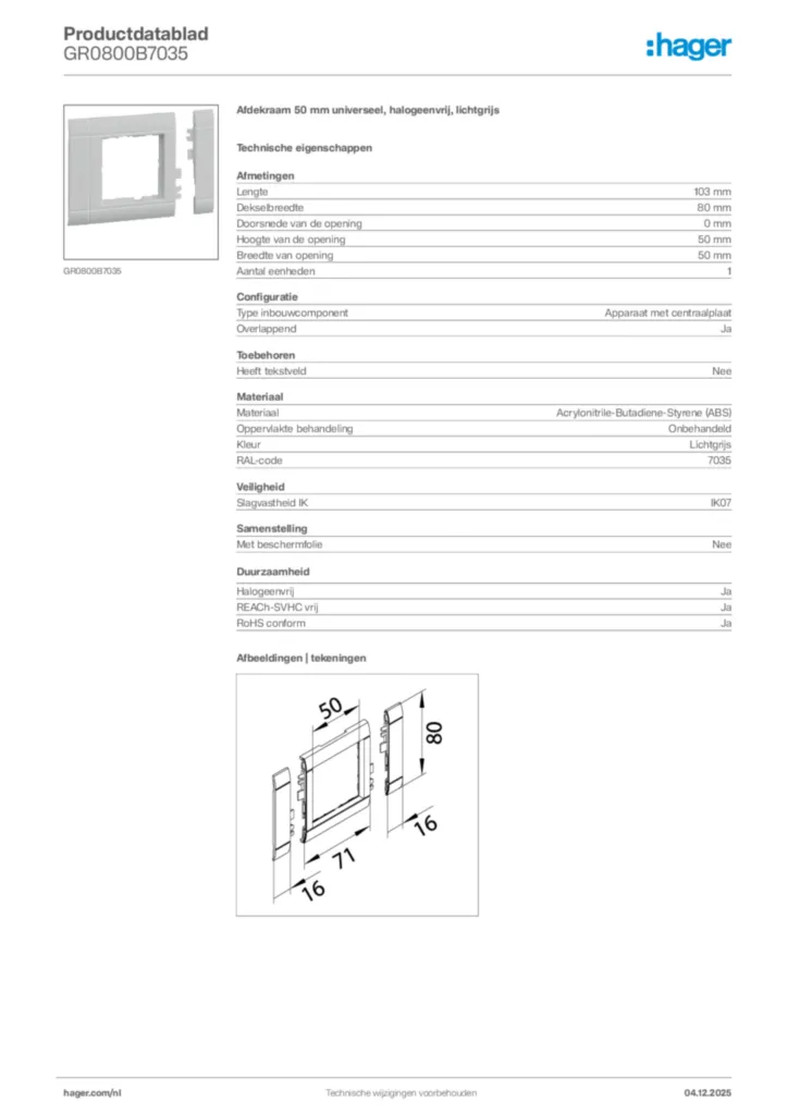 Afbeelding Hager Productdatablad GR0800B7035 | Hager Nederland