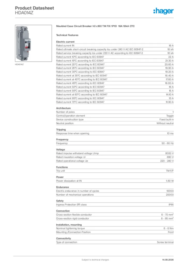 Image Hager Product data sheet HDA014Z  | Hager Africa