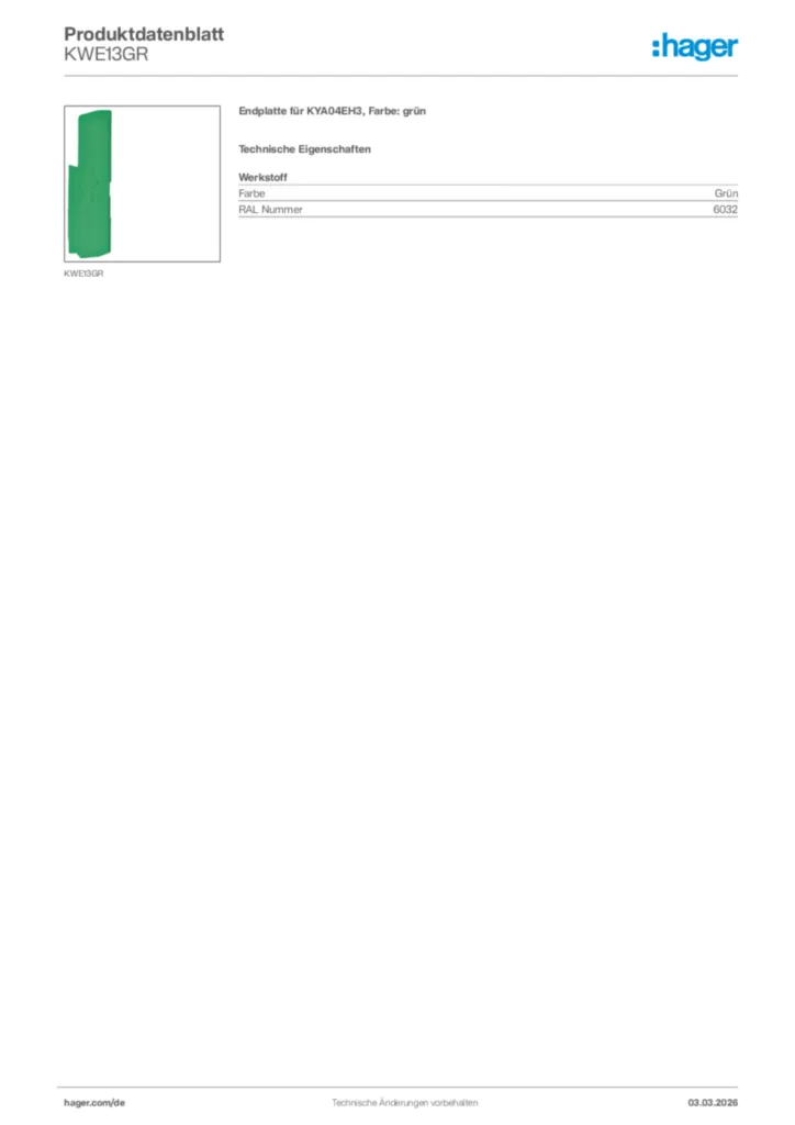 Bild Hager Produktdatenblatt KWE13GR | Hager Deutschland