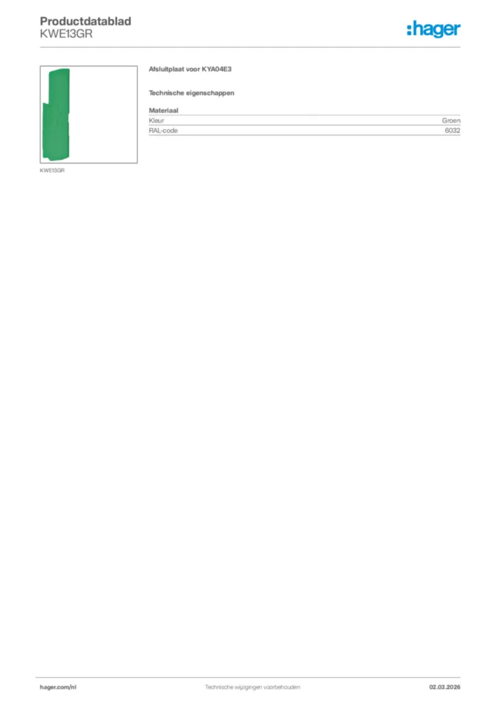 Afbeelding Hager Productdatablad KWE13GR | Hager Nederland