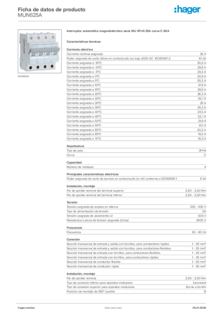 Imagen Hager Ficha de datos de producto MUN625A | Hager España