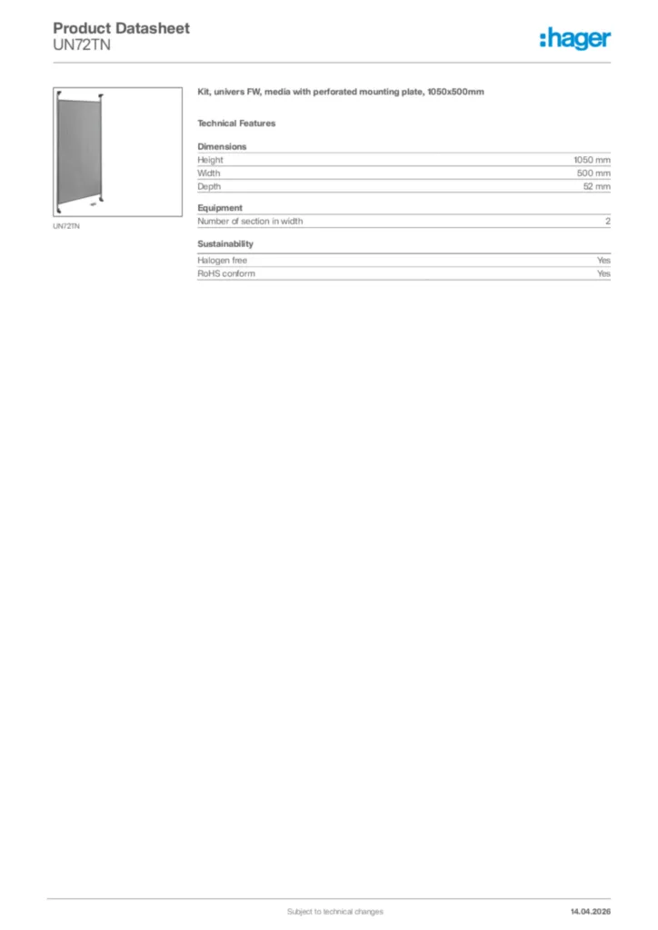 Image Hager Product data sheet UN72TN  | Hager Africa
