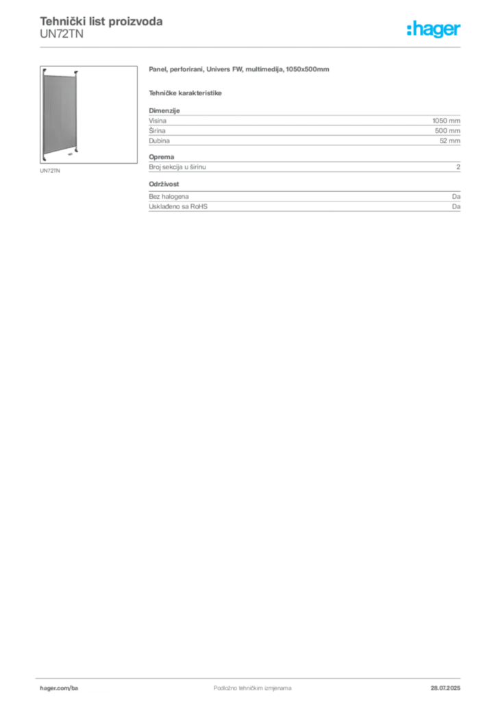 Slika Hager Product data sheet UN72TN  | Hager