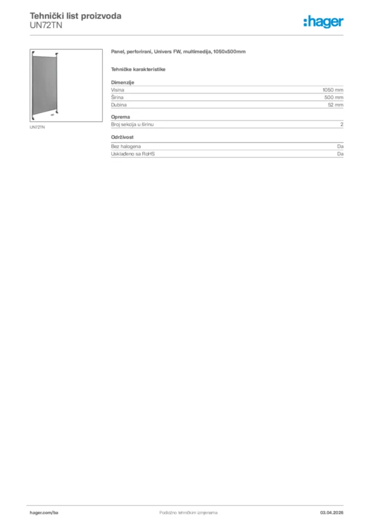 Slika Hager Tehnički list proizvoda UN72TN  | Hager