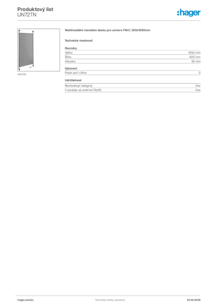 Obrázek Hager Product data sheet UN72TN | Hager