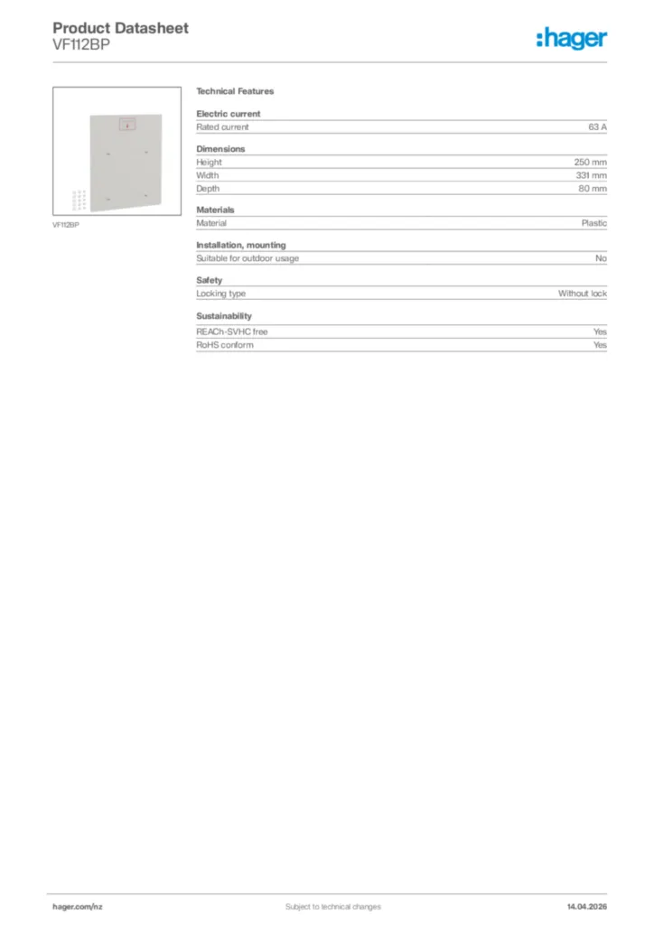 Image Hager Product data sheet VF112BP  | Hager New Zealand