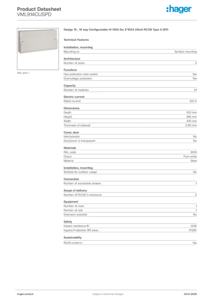 Image Hager Product data sheet VML914CUSPD  | Hager