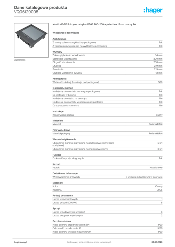 Zdjęcie Hager Dane katalogowe produktu VQ06129005 | Hager Polska
