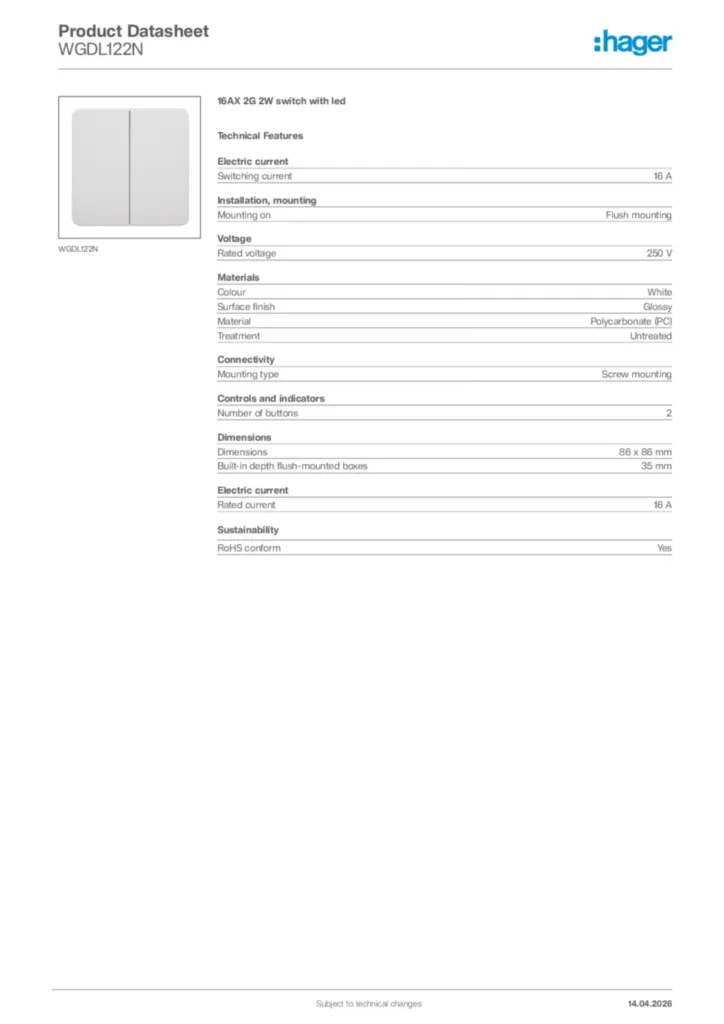 Image Hager Product data sheet WGDL122N  | Hager Africa
