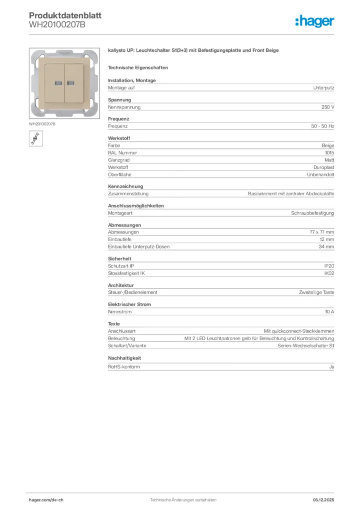 Bild Hager Produktdatenblatt WH20100207B | Hager Schweiz