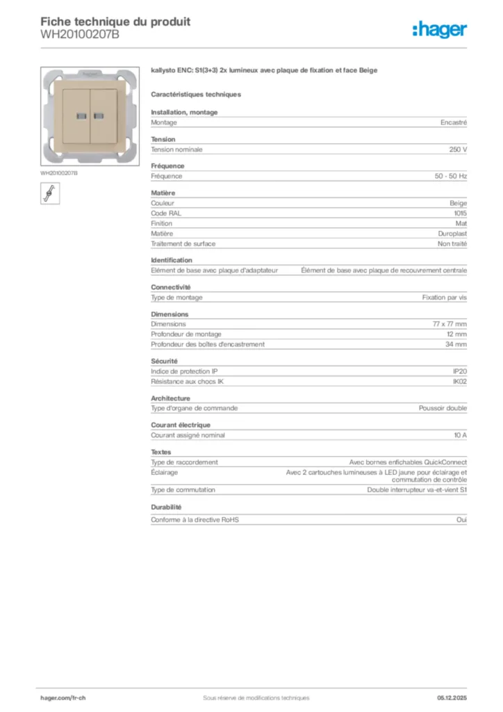 Image Hager Fiche technique du produit WH20100207B | Hager Suisse