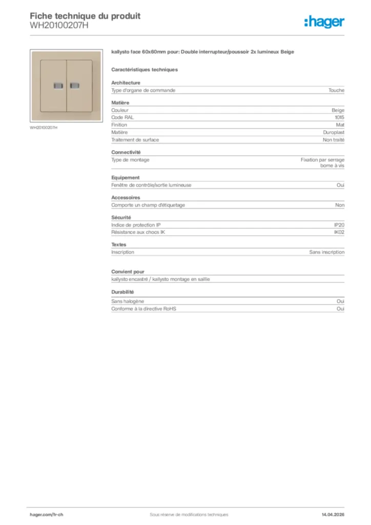 Image Hager Fiche technique du produit WH20100207H | Hager Suisse