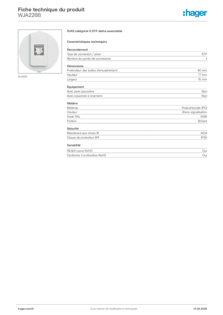 Image Hager Fiche technique du produit WJA226B | Hager France