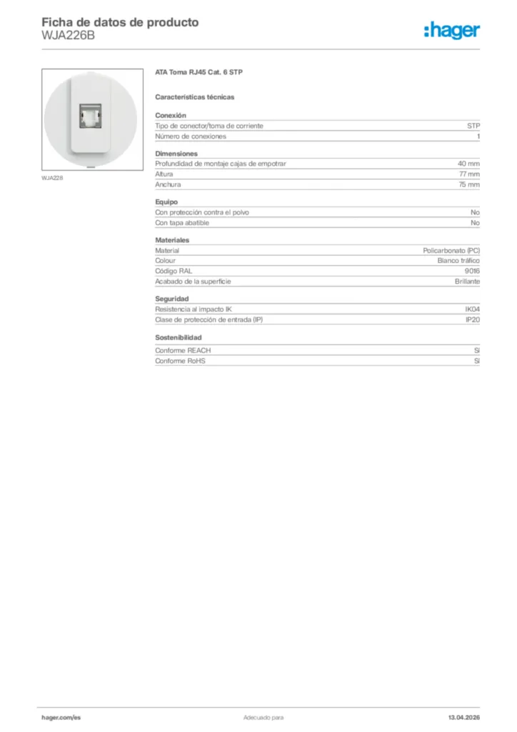 Imagen Hager Ficha de datos de producto WJA226B | Hager España