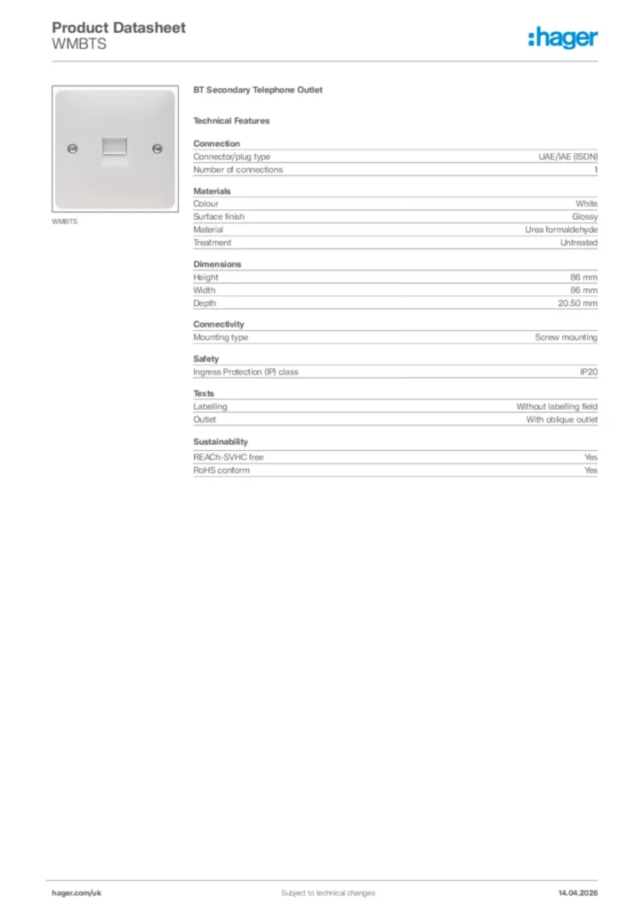 Image Hager Product data sheet WMBTS  | Hager
