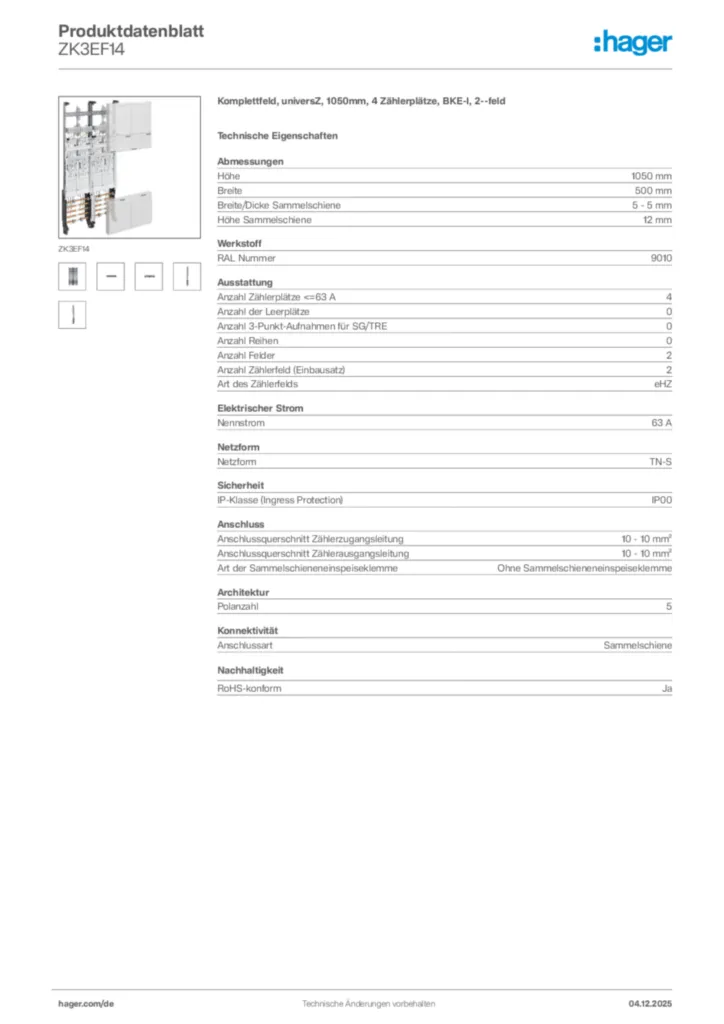 Bild Hager Produktdatenblatt ZK3EF14 | Hager Deutschland