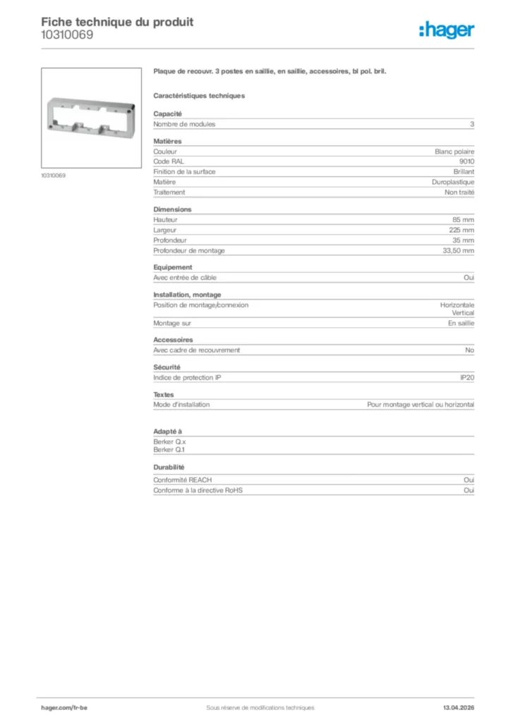Image Hager Fiche technique du produit 10310069 | Hager Belgique