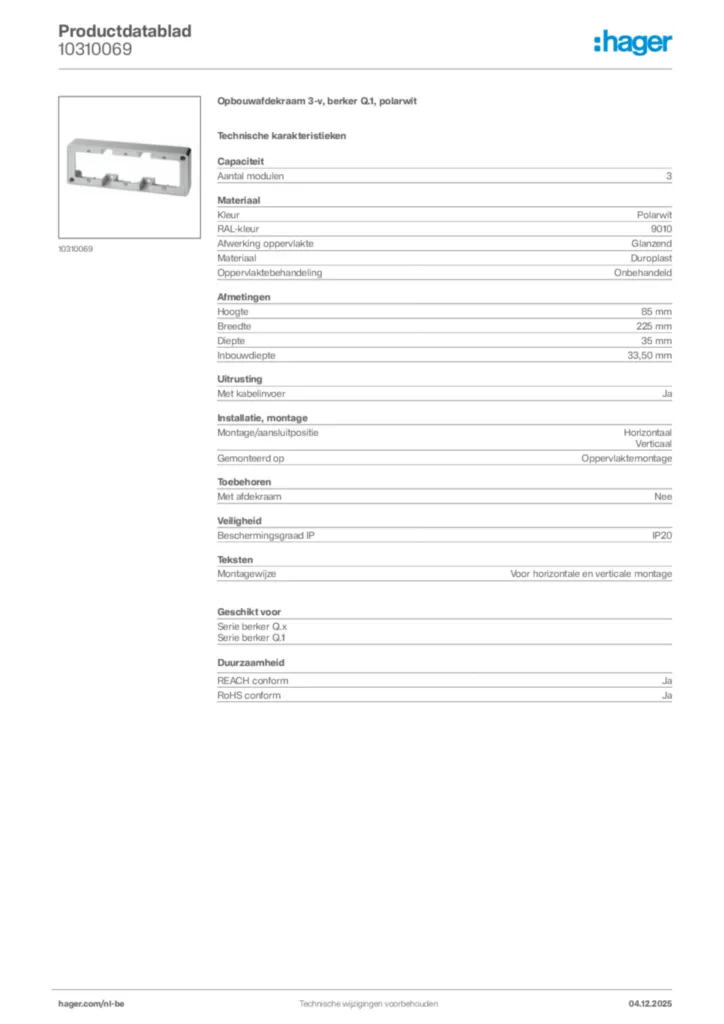 Afbeelding Hager Productdatablad 10310069 | Hager Belgium