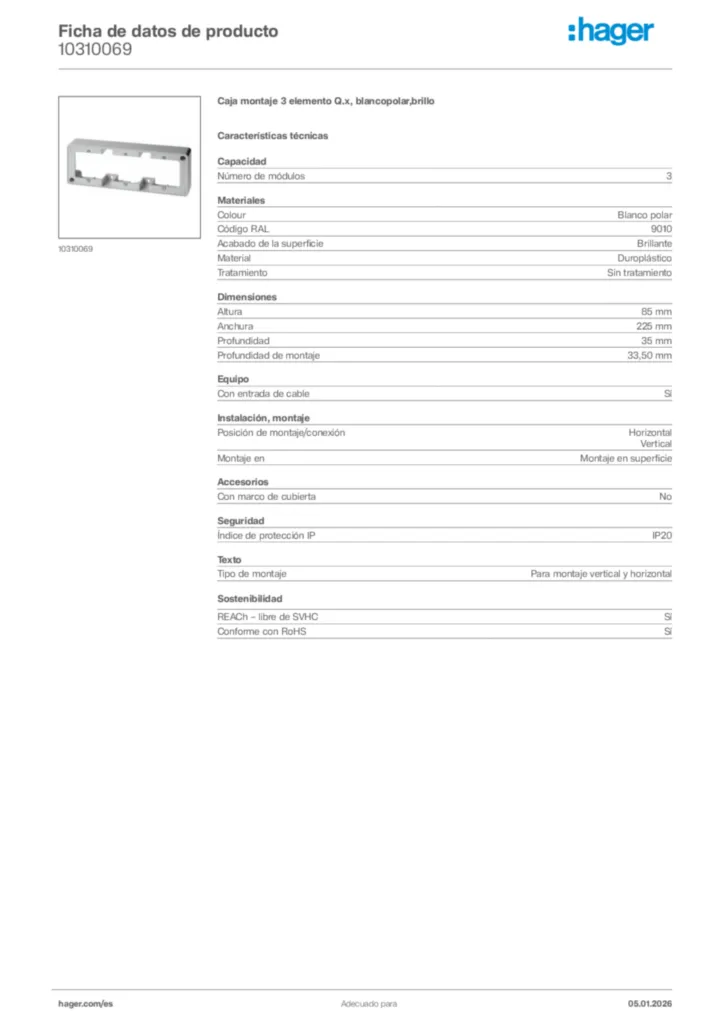 Imagen Hager Ficha de datos de producto 10310069 | Hager España