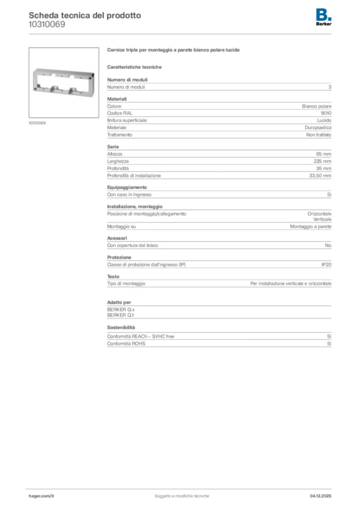Immagine Berker Scheda tecnica del prodotto 10310069 | Hager Italia