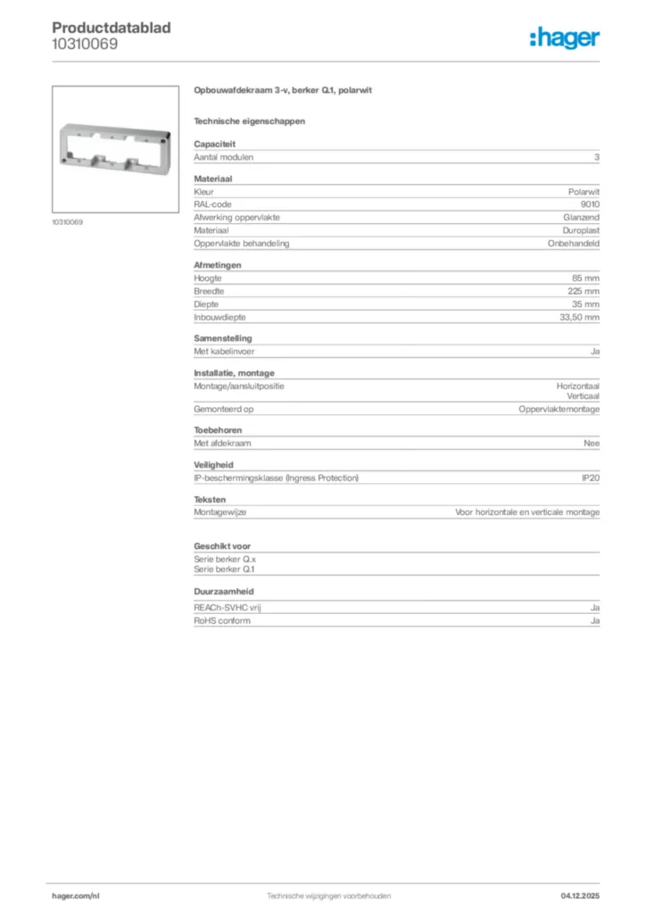 Afbeelding Hager Productdatablad 10310069 | Hager Nederland