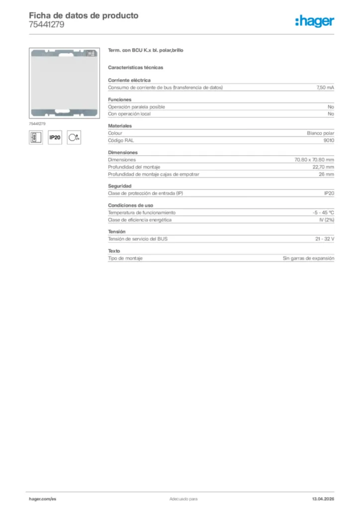 Imagen Hager Ficha de datos de producto 75441279 | Hager España