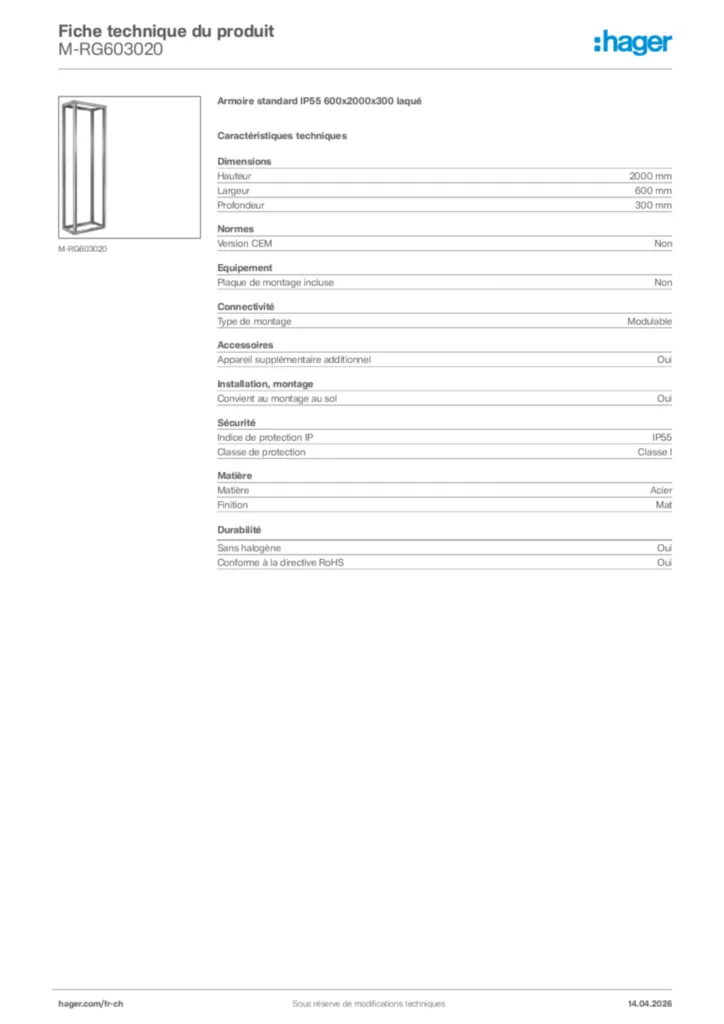 Image Hager Fiche technique du produit M-RG603020 | Hager Suisse