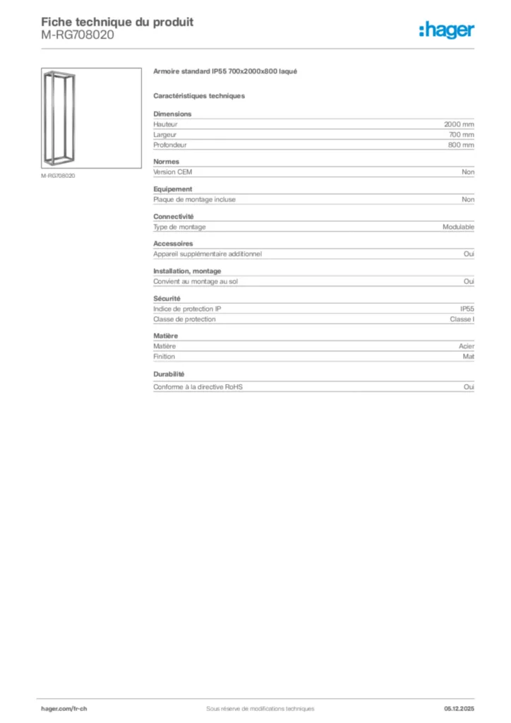 Image Hager Fiche technique du produit M-RG708020 | Hager Suisse