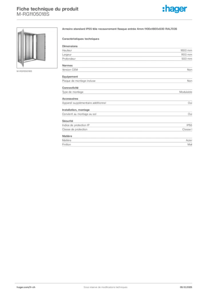 Image Hager Fiche technique du produit M-RG1105018S | Hager Suisse