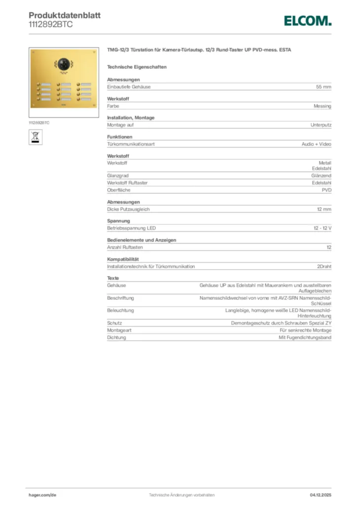 Bild Elcom Produktdatenblatt 1112892BTC | Hager Deutschland