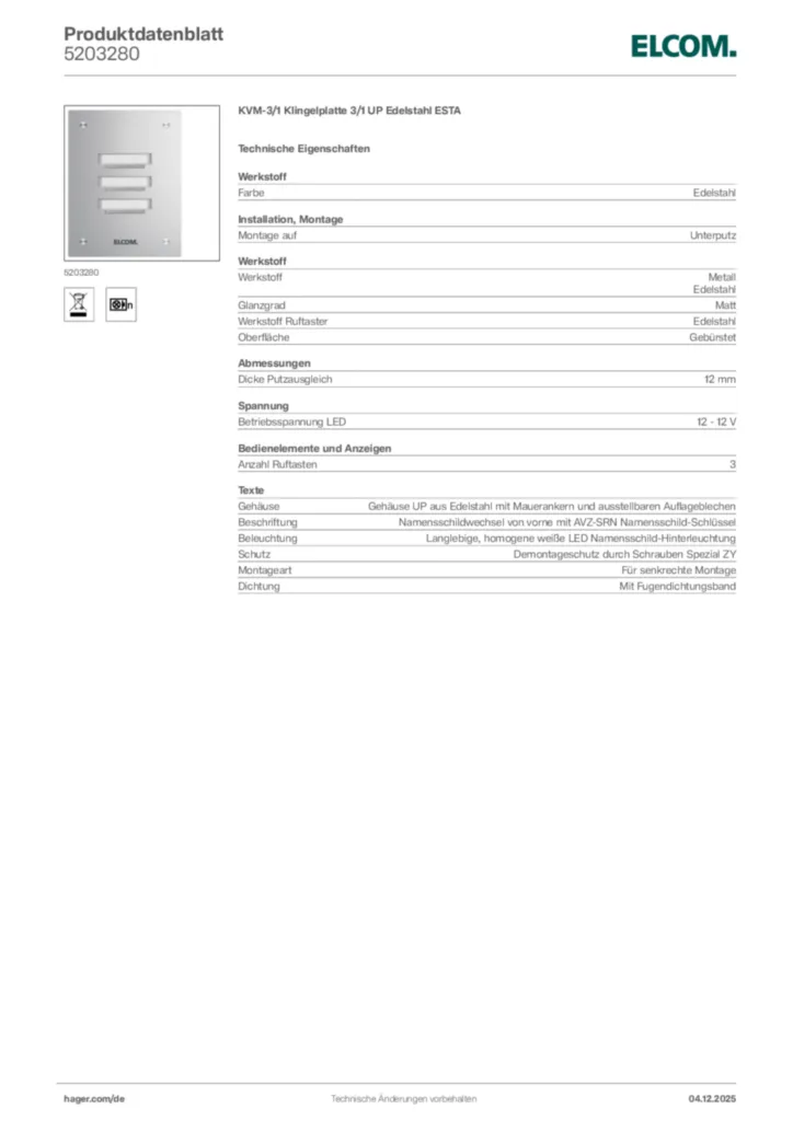 Bild Elcom Produktdatenblatt 5203280 | Hager Deutschland