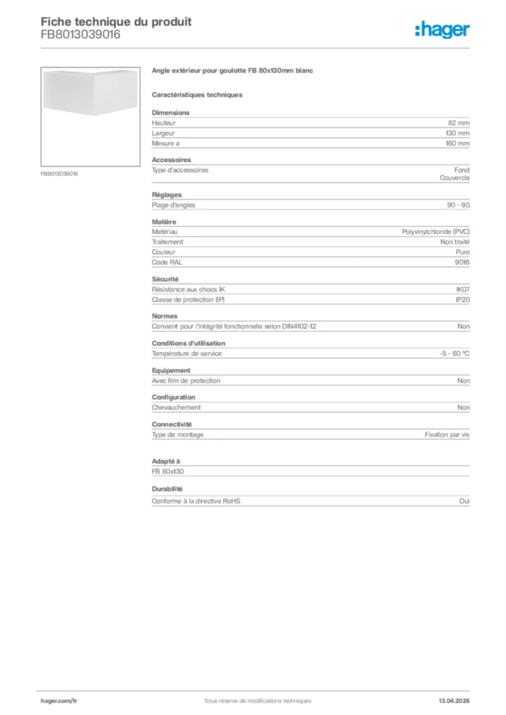 Image Hager Fiche technique du produit FB8013039016 | Hager France