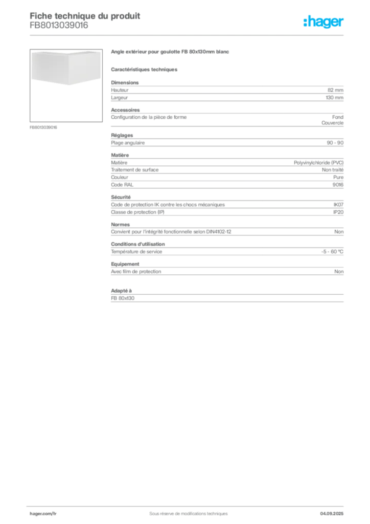 Image Hager Fiche technique du produit FB8013039016 | Hager France