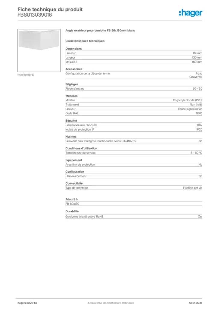 Image Hager Fiche technique du produit FB8013039016 | Hager Belgique