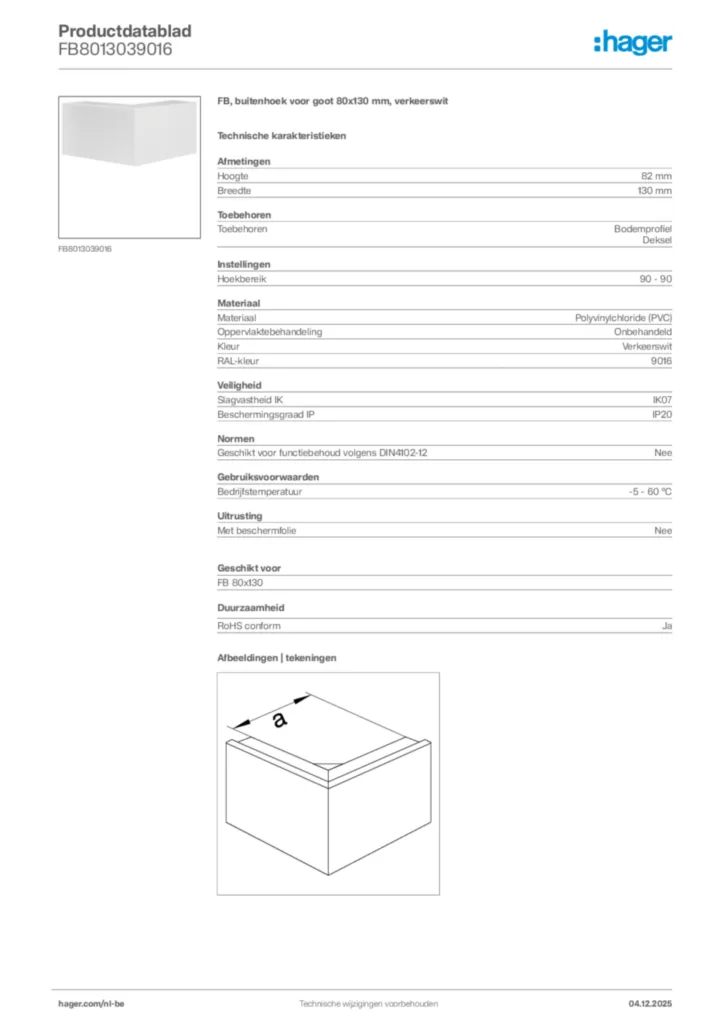 Afbeelding Hager Productdatablad FB8013039016 | Hager Belgium