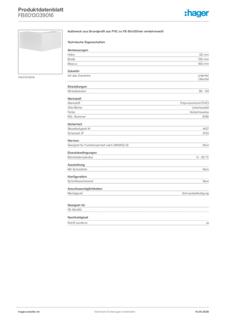 Bild Hager Produktdatenblatt FB8013039016 | Hager Schweiz