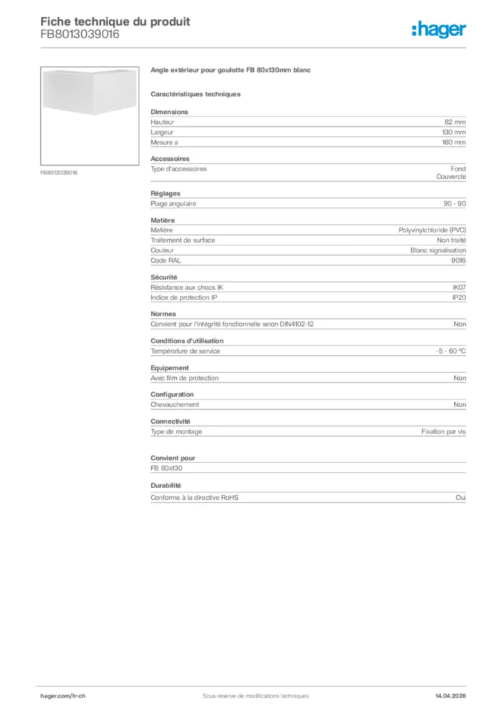 Image Hager Fiche technique du produit FB8013039016 | Hager Suisse