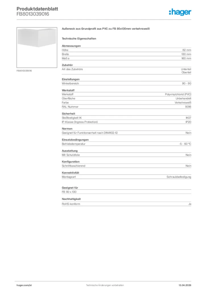 Bild Hager Produktdatenblatt FB8013039016 | Hager Deutschland
