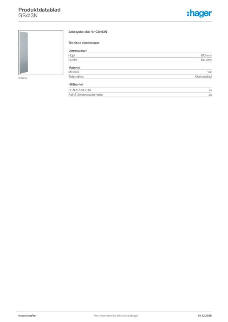 Bild Hager Produktdatablad GS413N | Hager Sverige