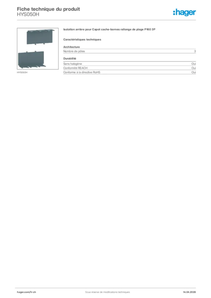 Image Hager Fiche technique du produit HYS050H | Hager Suisse
