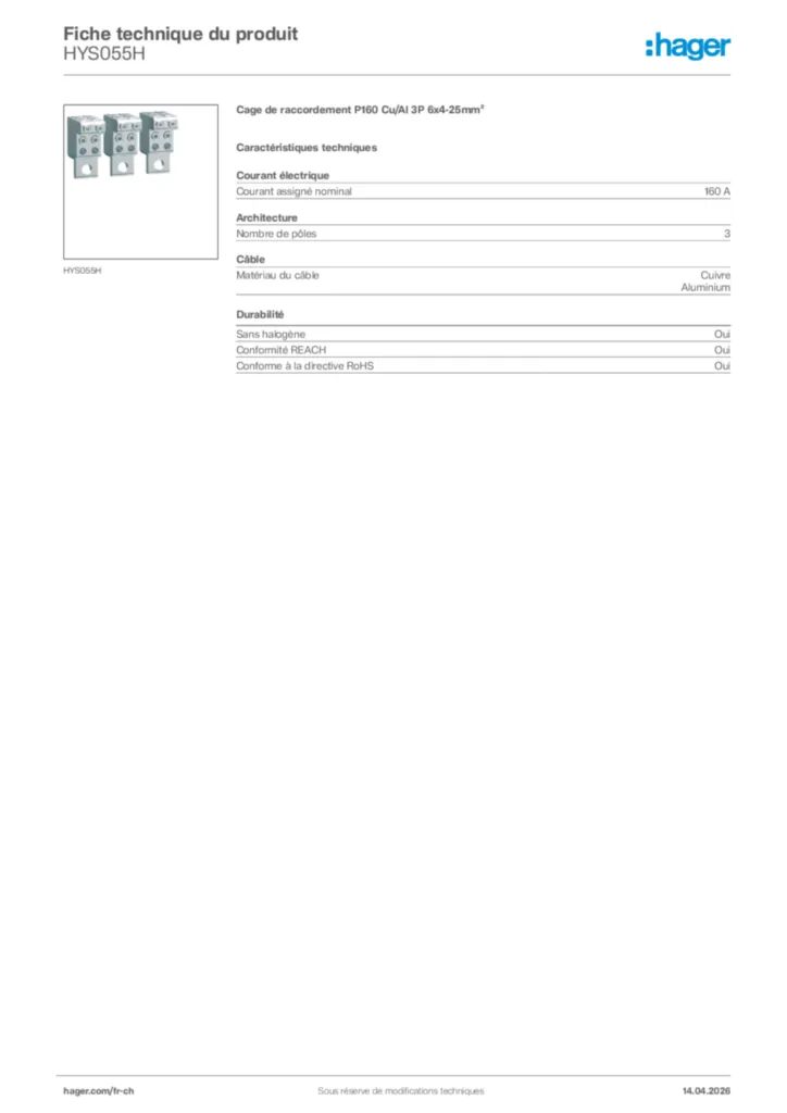Image Hager Fiche technique du produit HYS055H | Hager Suisse