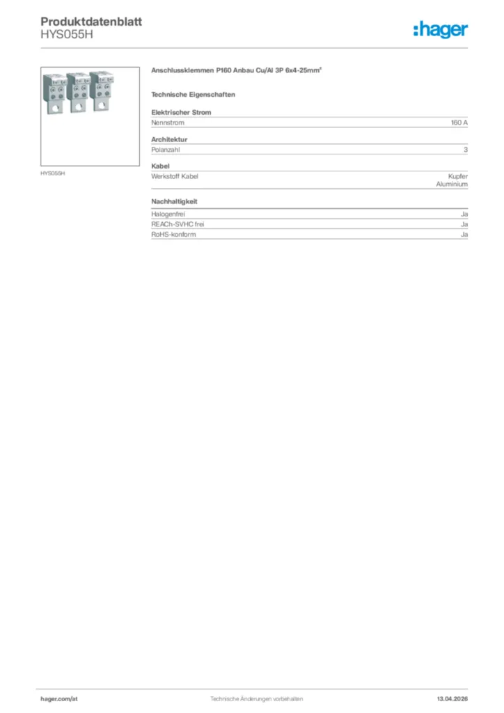 Bild Hager Produktdatenblatt HYS055H | Hager Deutschland