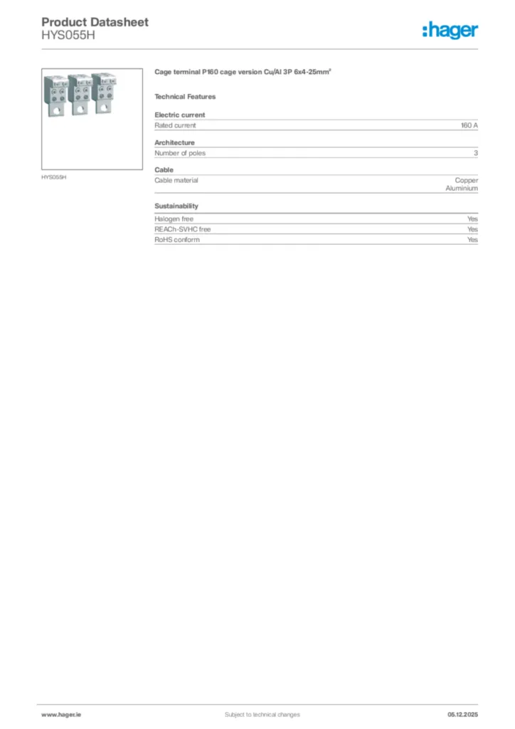 Image Hager Product data sheet HYS055H  | Hager